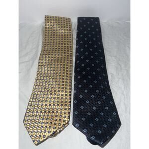 Ermenegildo Zegna Gold & Blue Pindot Medallion Geometric 100% Silk Ties 3.5 x 58